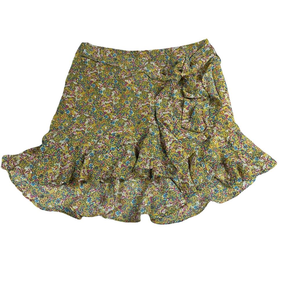 REBECCA MINKOFF Alice Mustard Yellow Pink Ruffle Floral Mini Skirt Women's M NWT